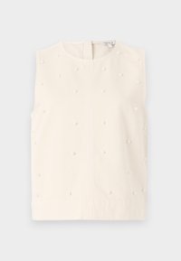 Top senza maniche di colore crema con scollo rotondo, in tessuto texturizzato, arricchito da piccoli dettagli di perle rotonde. Presenta una chiusura con cerniera sul retro.