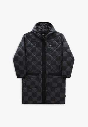 Czarna i ciemnoszara pikowana długa kurtka w wzór szachownicy, z guzikami z przodu, dwiema dużymi kieszeniami oraz logo Vans na klatce piersiowej i wewnętrznym kołnierzu.
