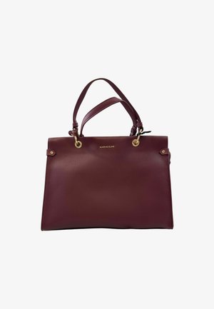 Borsa a mano in pelle bordeaux con finitura testurizzata, dettagli in oro, due manici superiori e un logo del marchio sobrio in rilievo sulla parte anteriore.