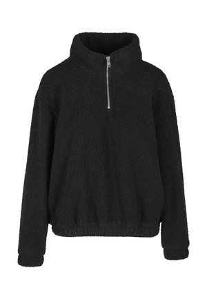 Black fleece pullover with long sleeves, high collar, front half-zip, and elastic hem and cuffs.
