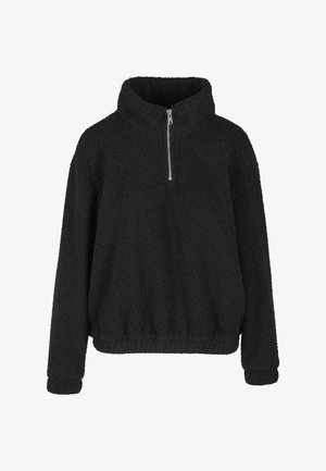 Black fleece pullover with long sleeves, high collar, front half-zip, and elastic hem and cuffs.