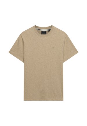 Beige T-shirt met korte mouwen en ronde hals met subtiel logo op de borst en merklabel aan de binnenkant van de kraag.