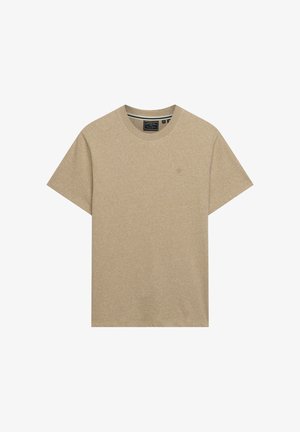Beige T-shirt met korte mouwen en ronde hals met subtiel logo op de borst en merklabel aan de binnenkant van de kraag.