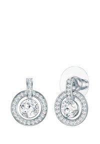 Silvriga örhängen med två sammanlänkade cirkulära former. Varje har en central klar sten omgiven av mindre kristaller som skapar en glittrande effekt.