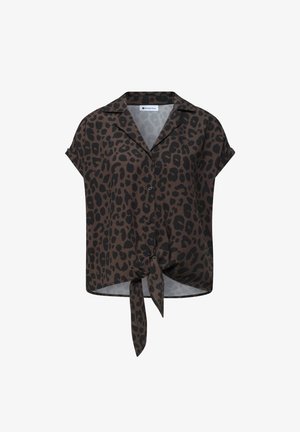 Brun leopardprintet kortærmet bluse med krave, knapper foran og bundet knude ved kanten.