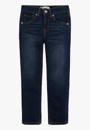 Jeans bleu foncé pour tout-petits avec poches avant, fermeture par bouton, et détails subtilement délavés sur les cuisses et les genoux, présenté à plat sur fond blanc.