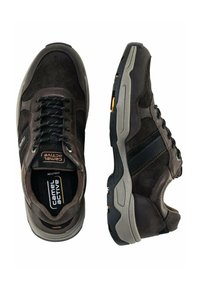 Dark brown suede sneakers with gray rubber soles, black accents, rounded toe, and detailed lacing. Features a logo on the tongue.