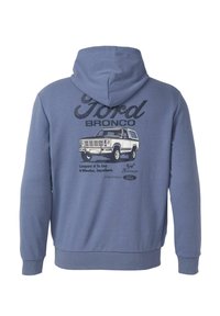 Felpa blu con una grafica posteriore di un Ford Bronco bianco. Presenta il grande testo "Ford" e una scritta più piccola. Tessuto morbido con una vestibilità classica.