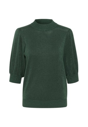 Donkergroene glitter gebreide top met hoge halslijn en ellebooglange pofmouwen, voorzien van nauwsluitende boorden en zoom.
