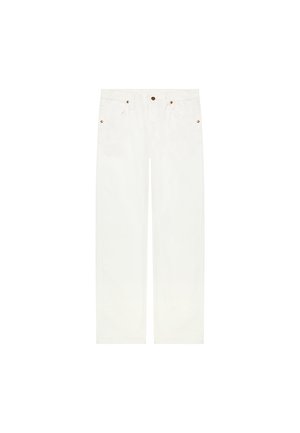 Jean blanc droit avec poches avant et poche monnaie, passants de ceinture et fermeture par bouton.