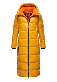 Yellow puffer coat with a high collar, orange hood lining, and black accents. Features a front zipper and side pockets. Quilted texture.