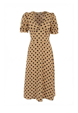 Vestido midi beige con lunares negros, escote en V, mangas cortas abullonadas y cintura ajustada.