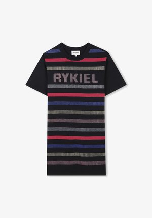 Black short-sleeve t-shirt featuring horizontal stripes in red, blue, and grey. "RYKIEL" printed prominently in a glittery finish.