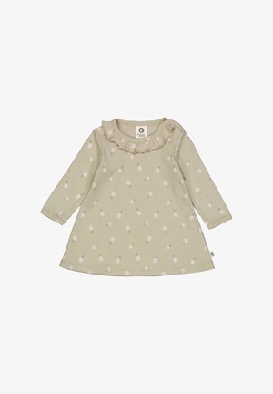 Zelené šaty s dlouhými rukávy a volánkovým výstřihem, s růžovým vzorem ananasu a štítkem. Měkká žebrovaná tkanina, A-line silueta.