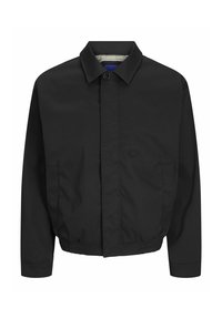 Veste décontractée noire avec col, fermeture à boutons sur le devant, poches latérales et taille élastique sur fond blanc.