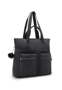 Borsa a spalla in nylon nera con due tasche anteriore con zip, manici doppi e un portachiavi con pompon peloso. Presenta un patch rotondo con logo.