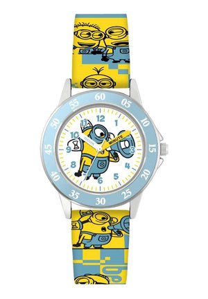 Orologio per bambini con un quadrante bianco, lancette delle ore e dei minuti blu, circondato da una ghiera blu chiaro; cinturino giallo decorato con grafiche dei Minions.