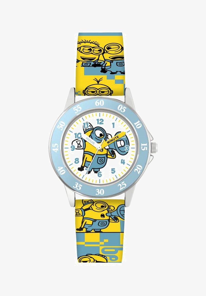 Montre pour enfants avec un cadran blanc aux aiguilles des heures et des minutes en bleu, entouré d'une lunette bleu clair ; bracelet jaune décoré de graphismes des Minions.