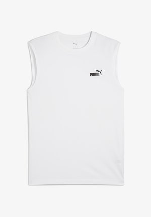 T-shirt de sport sans manches blanc en coton. Présente un logo Puma noir sur la poitrine gauche. Texture lisse, col rond standard.
