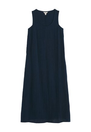 Obleka brez rokavov v mornarsko modri barvi, srednje dolžine, z okroglim izrezom in teksturirano tkanino, položena ravno na belem ozadju.