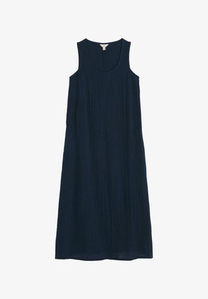 Ujjatlan, tengerészkék midi ruha kerek nyakkivágással és texturált anyaggal, fehér háttéren, laposan megjelenítve.