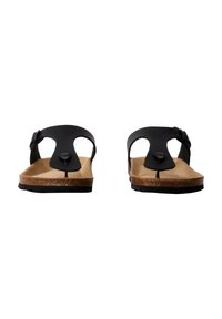 Sorte flip-flop sandaler med en buet tårem og cirkulært accent. Glat korkfodbund og robust gummisål for holdbarhed.