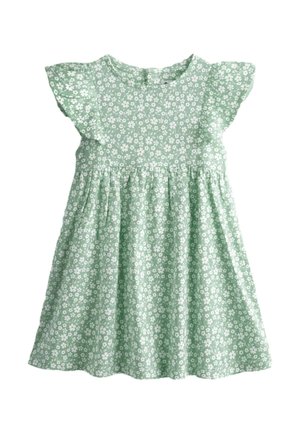 Lysegrøn barnekjole med hvidt blomsterprint, flagrende ærmer og en rynket talje.