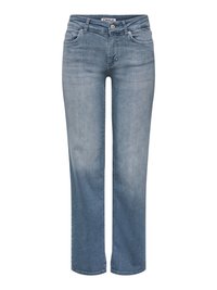 Lichtblauwe jeans met rechte pijpen, voorzien van knoop en rits aan de voorkant, vijf zakken, en lichte vervaging rond de dijen en knieën.