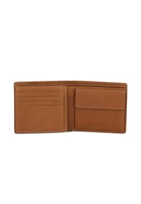 Portafoglio in pelle marrone con protezione RFID, caratterizzato da più scomparti per carte, un comparto per contanti e una tasca con chiusura a scatto.