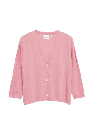 Pink cropped cardigan with V-neck, three front buttons, long sleeves, and a soft, lightweight knit texture.