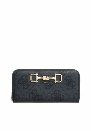 Portefeuille noir Guess avec détail mors doré et logo, orné d'un motif monogramme et fermeture éclair autour.