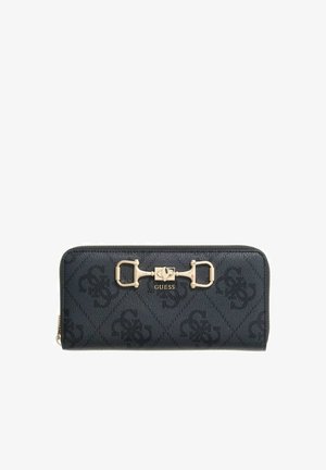 Portefeuille noir Guess avec détail mors doré et logo, orné d'un motif monogramme et fermeture éclair autour.