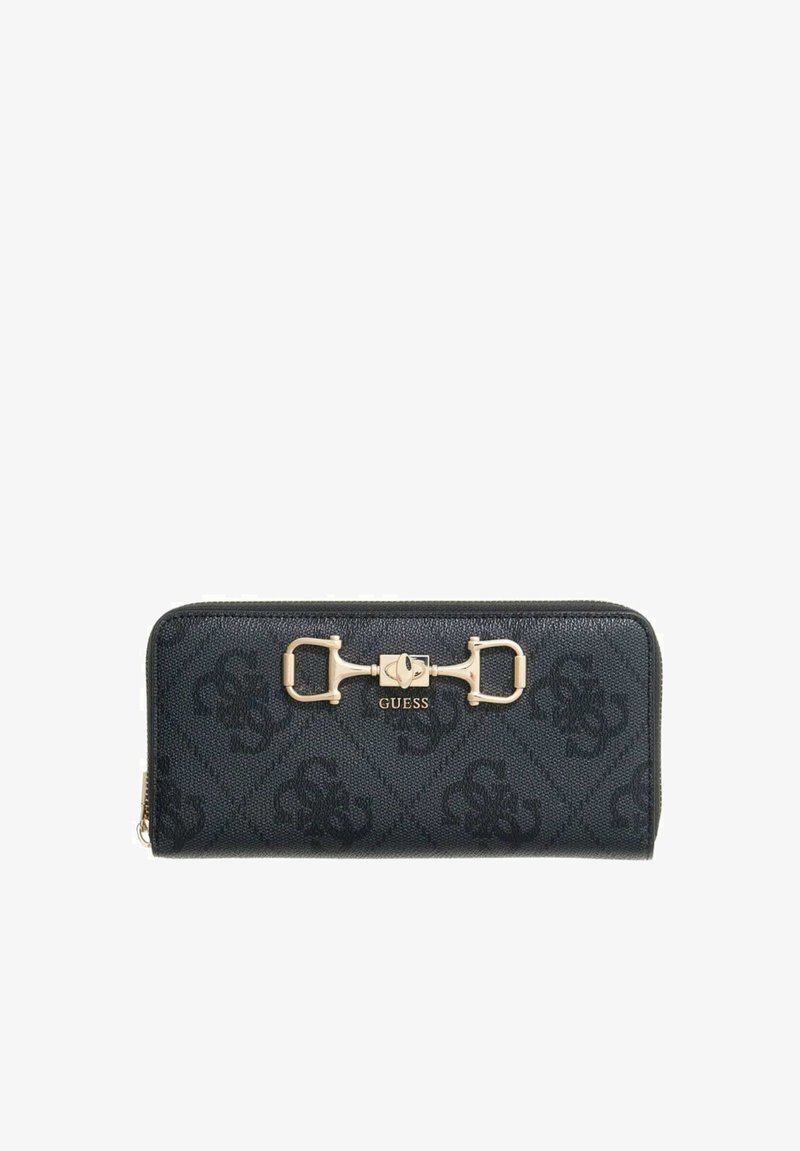Portefeuille noir Guess avec détail mors doré et logo, orné d'un motif monogramme et fermeture éclair autour.