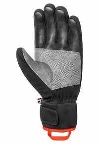 Schwarze Lederhandschuhe mit einem grauen strukturierten Stoffbereich, verstellbarem Handgelenkband und einer leuchtend orangefarbenen Zuglasche. Fünf-Finger-Design.