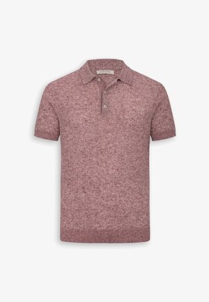 Kurzarmliges, gestricktes Poloshirt in meliertem Staubrosé mit drei Knöpfen sowie Rippenstruktur an Kragen und Bündchen.