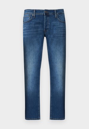 Blue denim jeans in a straight cut, featuring a button closure, five pockets, and subtle fading for texture.