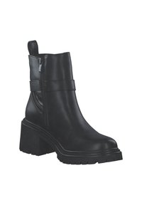 Black leather ankle boot with a round toe, side zipper, and chunky ribbed heel. Features a decorative strap around the upper shaft.