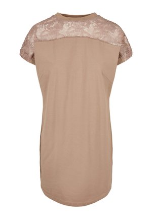 Svetlohnedé tričko s krátkymi rukávmi, s čipkovaným dielom v lichobežníkovom tvare v mierne tmavšom odtieni. Zaoblený spodný okraj a jemná textúra látky.