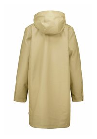 Yellow waterproof raincoat with a large hood, long sleeves, and a straight cut. Smooth texture and minimal design with no visible hardware.