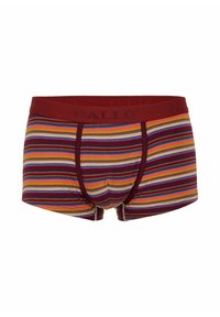Boxer aderenti da uomo in cotone con righe verticali multicolori in rosso, giallo e viola. Il cinturino elastico rosso presenta la scritta "GALLO."