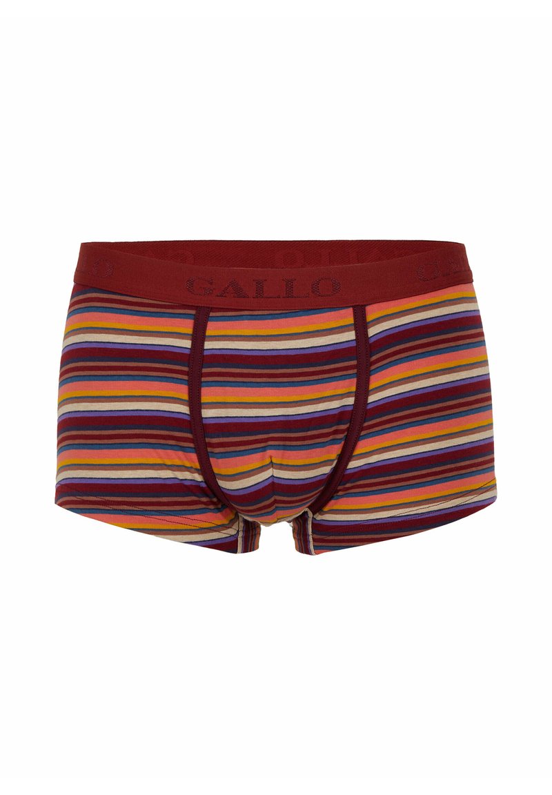 Boxer aderenti da uomo in cotone con righe verticali multicolori in rosso, giallo e viola. Il cinturino elastico rosso presenta la scritta "GALLO."