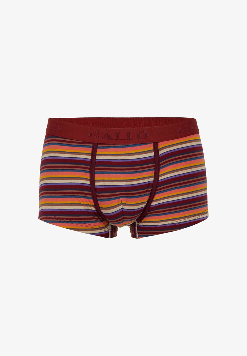 Boxer aderenti da uomo in cotone con righe verticali multicolori in rosso, giallo e viola. Il cinturino elastico rosso presenta la scritta "GALLO."