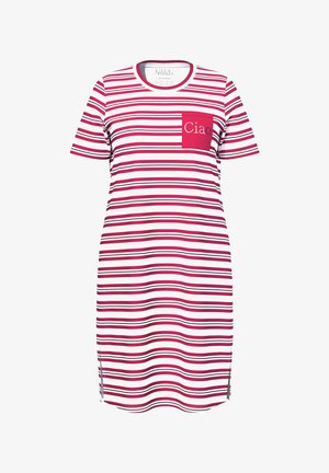 Vestido de camiseta a rayas en rosa, blanco y negro. Presenta un escote redondo y un bolsillo en el pecho con "Ciao" impreso en blanco. Aberturas laterales para mayor comodidad.