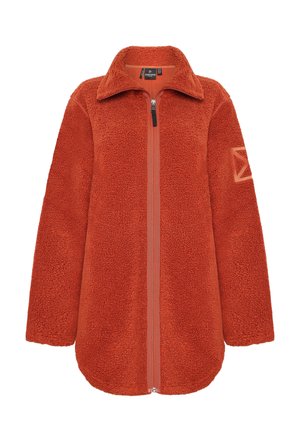 Oranje fleecjacket met een ritssluiting aan de voorkant, kraag en lange mouwen. Heeft een gestructureerde stof en een geometrisch logo-detail op de mouw.