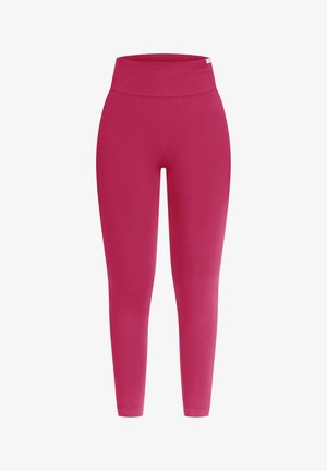 Leggings aderenti di un vivace colore rosa, realizzati in tessuto liscio con un'alta vita e un design a gamba affusolata. Nessun motivo o accento visibile.