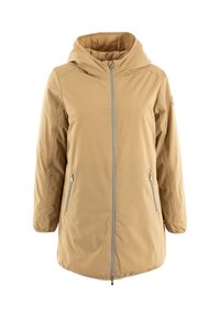 Chaqueta con capucha de color marrón claro, con cierre de cremallera en el frente, que cuenta con dos bolsillos laterales con cremallera y puños elásticos. Exterior liso con un forro interior acolchado.