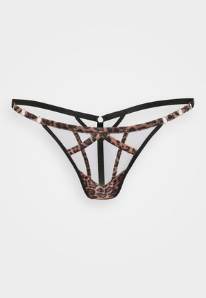 String leopard avec des bretelles noires, présentant un centre en maille transparente et orné d'accents en métal doré et d'un design original découpé.