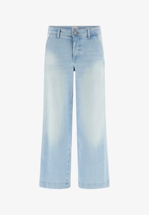 Ανοιχτό μπλε τζιν με φαρδιά μπατζάκια, θηλιές για ζώνη, κουμπί μπροστά και ξεθωριασμένες λεπτομέρειες στους μηρούς και τα γόνατα.