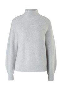 Pull en maille gris clair avec un col montant, de longues manches ballon et des poignets et un ourlet côtelés, présenté sur fond blanc.