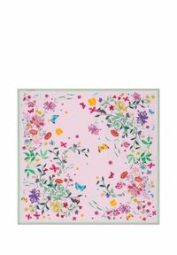 Foulard di seta floreale con uno sfondo rosa chiaro, decorato con fiori colorati e farfalle, bordato con una cornice verde e rosa.